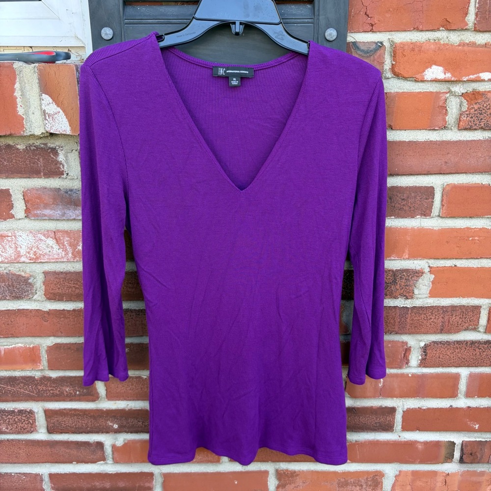 INC International Concepts Purple Ribbed V-Neck Top 3/4 Sleeve XL Womens